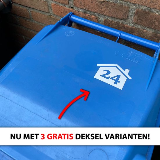 Container Sticker - 6 STUKS VOOR 9,99 - 3 GROTE & 3 DEKSEL VARIANTEN - Huisje met Huisnummer - Formaat 20 x 15,5 cm - Wit - Klikostickers - Weerbestendige Stickers - Kliko Sticker Voordeelset - Cadeau / Geschenk - 12345678910