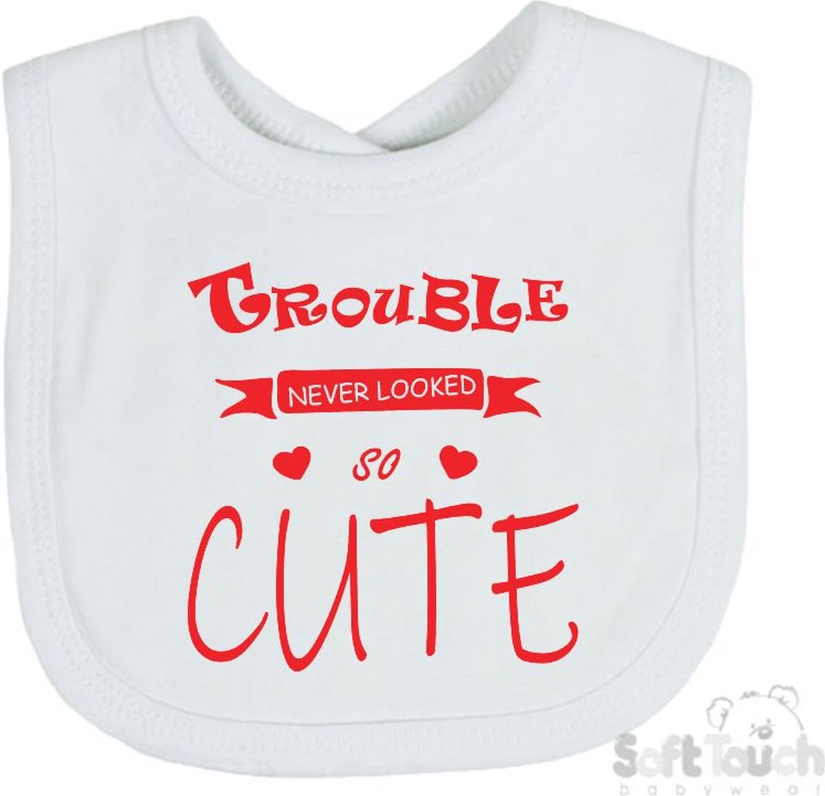 Goedkoopste Soft Touch Slabber Slabbetje Slab Trouble never looked so good Unisex Katoen Wit/rood Maat 33x22 Cm
