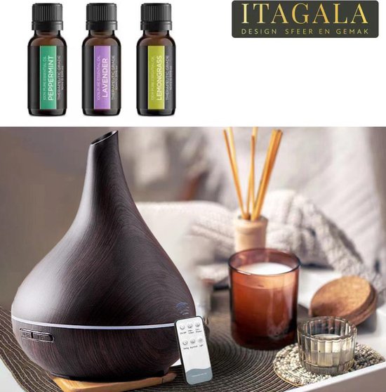 Diffuseurs de parfum Itagala | Diffuseur Aroma Point vase | Aromathérapie | Aroma diffuseur d'arômes | Vaporisateur et nébuliseur d'huile essentielle à ultrasons |550 ml | Désodorisant et humidificateur avec éclairage |Avec télécommande |Marron foncé