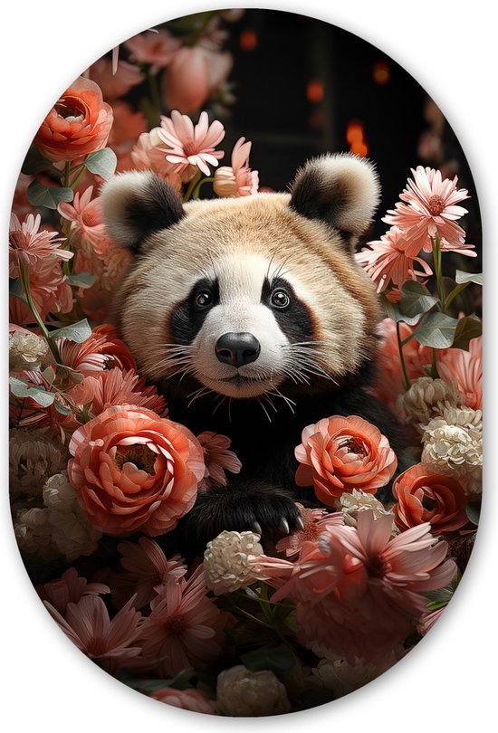 Muurovaal 40x60 cm - Wandovaal Panda - Dier - Bloemen - Natuur - Botanisch - Kunststof wanddecoratie - Ovalen schilderij - Muurdecoratie woonkamer - Schilderijen - Ovale spiegel vorm op kunststof