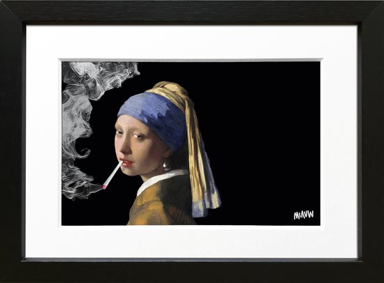 Kunstcadeau grappige kunst in het klein - Vermeer Meisje met de Joint - ingelijst met fotografische passe-partout - 15x20cm