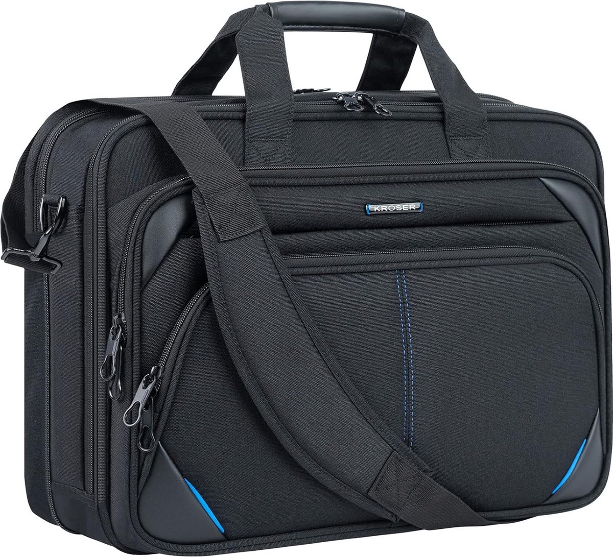 KROSER 18 laptoptas Premium laptop aktetas past tot 17,3 inch laptop uitbreidbare waterafstotende schoudertas computertas voor reizen/zakelijk/ school/heren/dames-Zwart