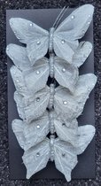 5 witte zilveren glitter Vlinders op clip voor Kerstboom - kerstversiering wit met zilver vlinder