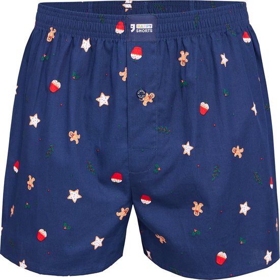 Happy Shorts Wijde Kerst Boxershort Heren Koekjes Print Blauw - Losse boxershort - Maat XL