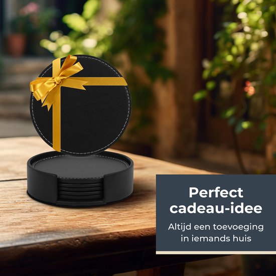 Castagnola Sous-verres de Verre en Similicuir avec Support - Sous-verres pour Verres - Sous-verres Design - Ensemble de Dessous de Verre - Sous-verres de Verre - Similicuir - Sous-verres en Cuir - Set de 6 - Zwart avec Coutures