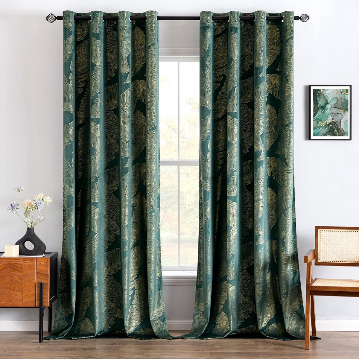 Fluwelen gordijn met bladgoudpatroon, set van 2 fluwelen gordijnen, smaragdgroen met oogjes, 2 x H 225 x B 140 cm, dikke zachte gordijnen, f