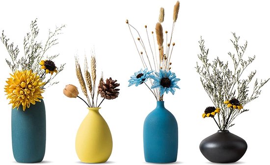 Kleine keramische vazen ​​voor bloemen decoratieve vaasset voor woonkamer mini handgemaakte matte vazen ​​voor tafeldecoratie modern marinegroen geel hemelsblauw zwarte vazen ​​set van 4