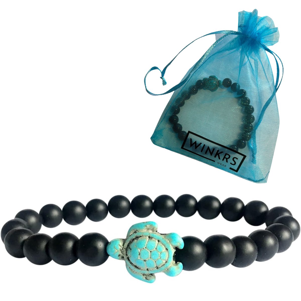 Schildpad Armbandje met Natuursteen Kralen - Zwart - 19CM - Stretch-armband - Oceaan/Zee