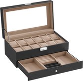 Luxe 12-vaks Horlogebox - Horlogedoos voor dames en heren - Sierendoos - Juwelendoos - Horlogebox met lade - Horlogekist - Sieradenkist - Zwart Beige