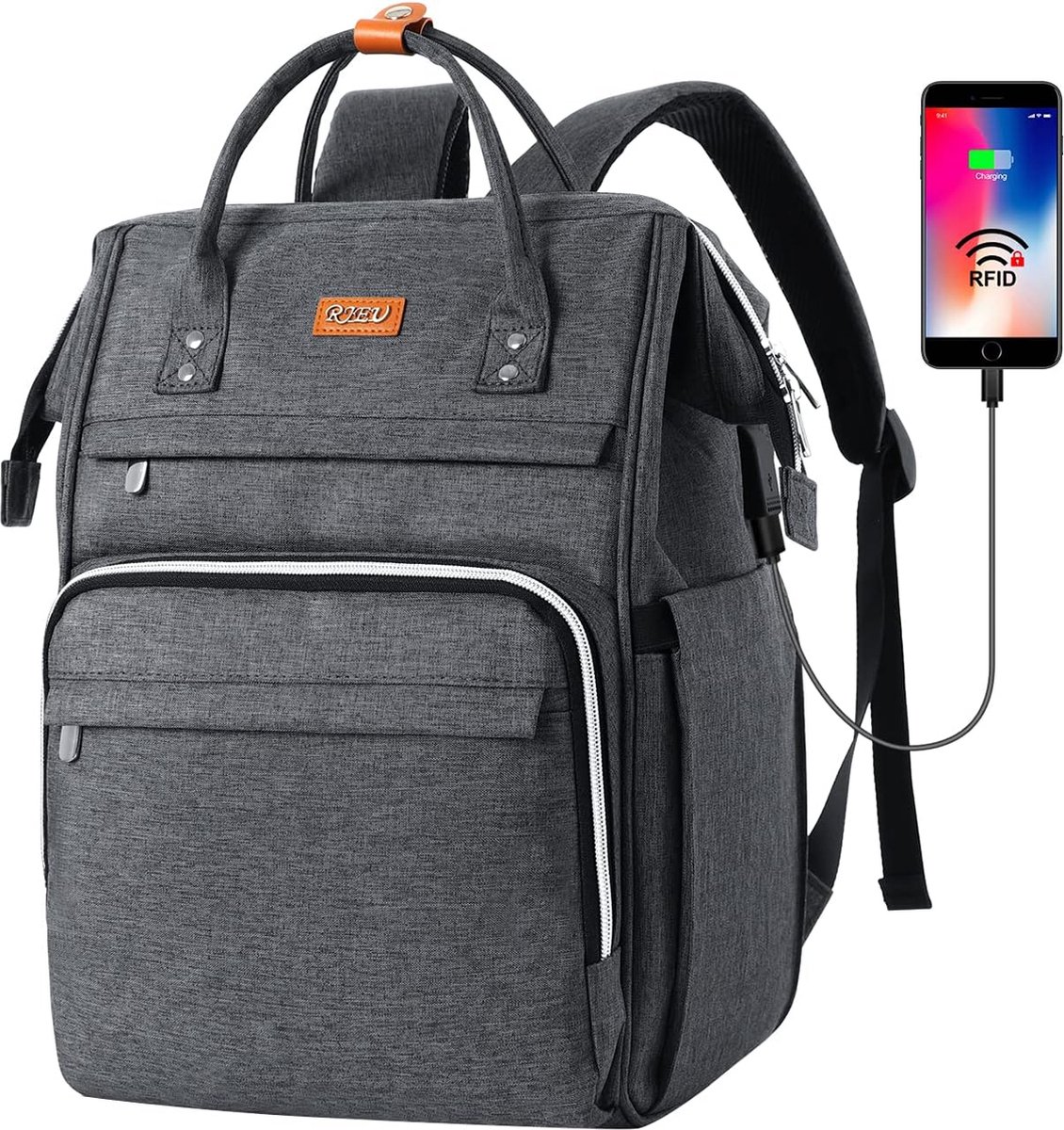 Rugzak met USB-poort - Donkergrijs - 15.6 inch laptoptas - Voor school, werk, reizen - Rugtas met veel opbergruimte