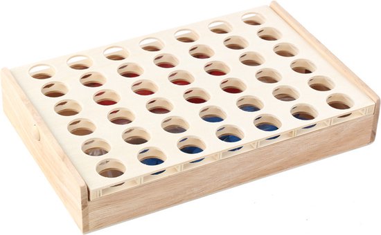 Houten 4-op-een-rij spel met rode en blauwe schijven in de bak.