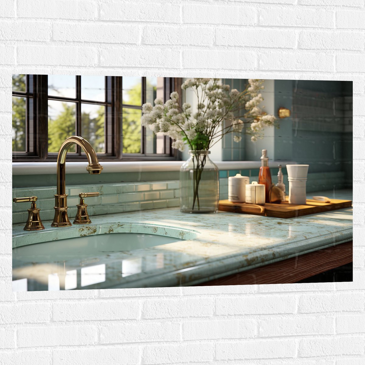 Muursticker - Keuken - Aanrecht - Wasbak - Bloemen - Raam - Kraan - Marmer - Goud - 105x70
