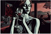Poster Glanzend – Vrouw - Restauraunt - Mensen - Wijn - Drinken - 60x40 cm Foto op Posterpapier met Glanzende Afwerking