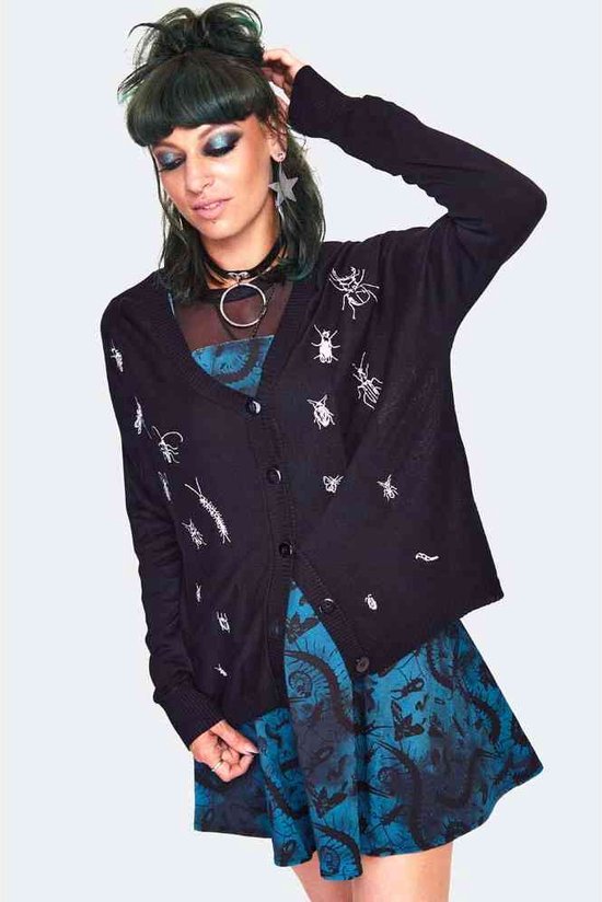Jawbreaker - Insect Embroidered Slouchy Cardigan - Zwart