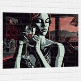 Muursticker - Vrouw - Restauraunt - Mensen - Wijn - Drinken - 100x75 cm Foto op Muursticker