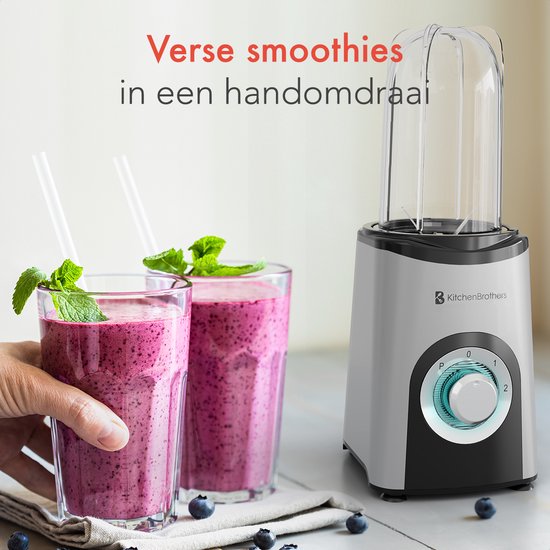 KitchenBrothers Smoothie Blender - 2-in-1 - Blender to Go - 4 Bekers - Smoothie Maker To Go - Mini Blender - Zilver - KitchenBrothers
