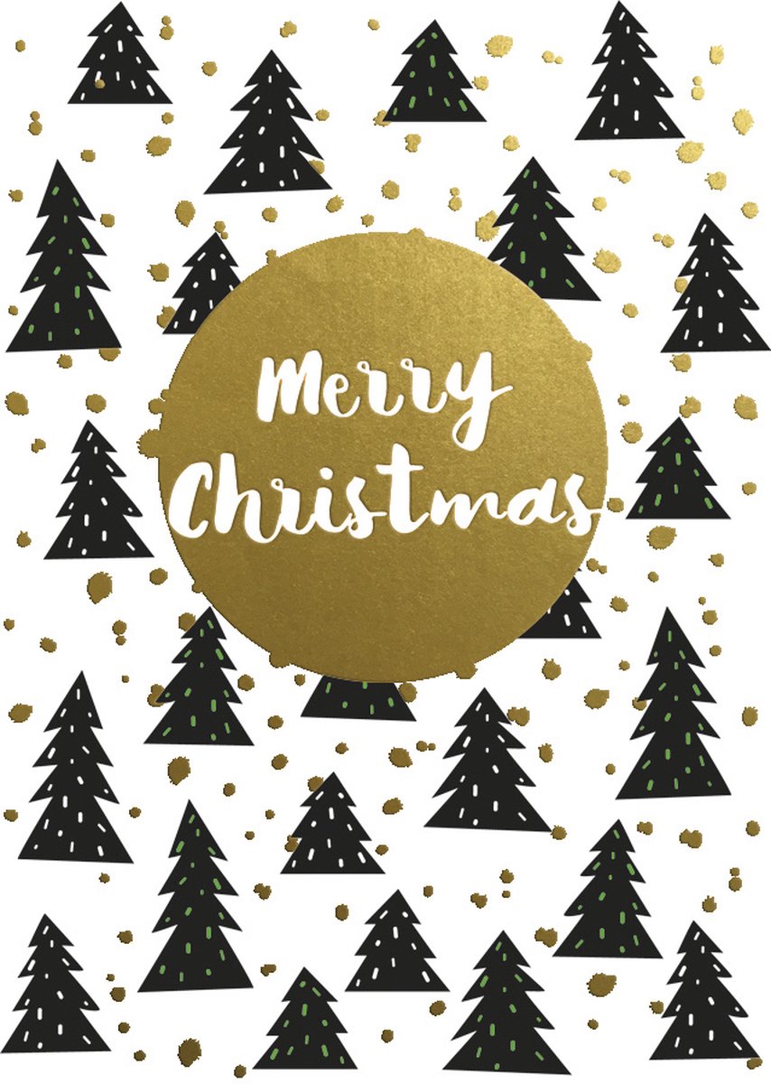 Kaarten - Kerst - Hangpak - Merry christmas - Zwart, wit, goud - 10st. - HPK.1036