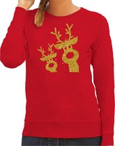 Bellatio Decorations foute kersttrui/sweater voor dames - gouden rendieren - rood - glitter goud XXL