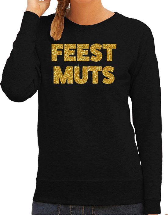 Bellatio Decorations foute kersttrui/sweater dames - feest muts - zwart - glitter goud -feestkleding XS