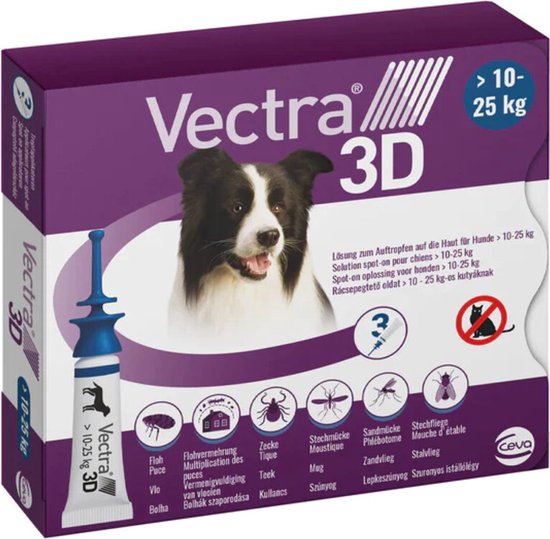 VECTRA 3D Hond - 10 tot 25 kg - Anti Teken- en Vlooiendruppels hond - 3 pipetten