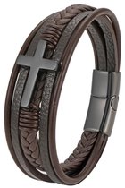 Armband Heren - Bruin Leer met Zwart Kruis - 21cm - Leren Armbanden - Cadeau voor Man - Mannen Cadeautjes