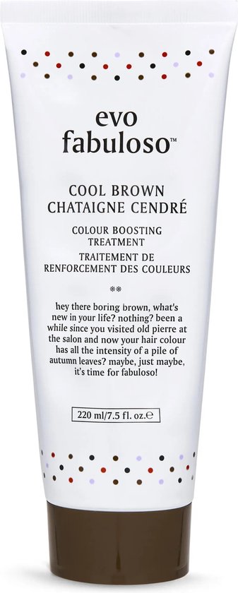 Witte tube met bruine dop, bedrukt met 'evo fabuloso cool brown colour boosting treatment'. Decoratief patroon van gekleurde stippen bovenaan en onderaan.