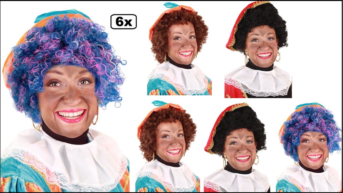 6x Mix Luxe Pieten pruik kroes bruin / krul zwart /regenboog - verstelbare kap en wasbaar - Sinterklaas feest thema feest Sint en Piet