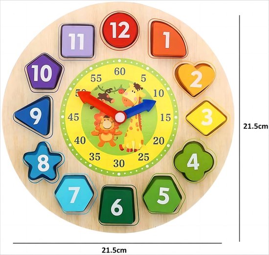 Femur Houten Speelgoed Klok – Puzzel - Educatief Speelgoed – Montessori Speelgoed – Leren Klokkijken – Leren Tellen – Kralenkoord – Engels Talig – Motoriek – Sensorisch – Speelblokjes - FEMUR