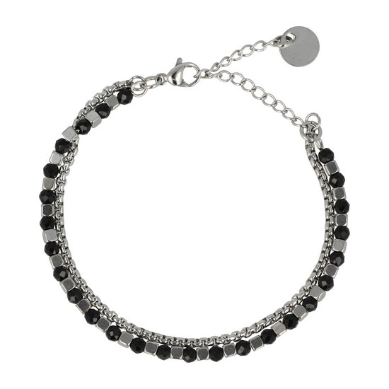 My Bendel - Zilverkleurige dubbele armband met zwarte glas stenen - Zilverkleurige dubbele armband met zwarte glas stenen - Met luxe cadeauverpakking
