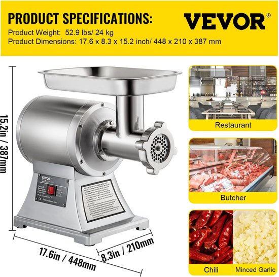 VEVOR Hachoir a Viande 575 W Hachoir Electrique Multifonctionnel 190 kg/h 2  Lames 2 Plaques de Broyage Poussoir a Saucis