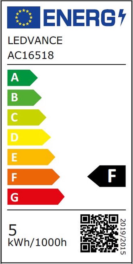 Energielabel F voor LEDVANCE AC16518, 5 kWh/1000h.