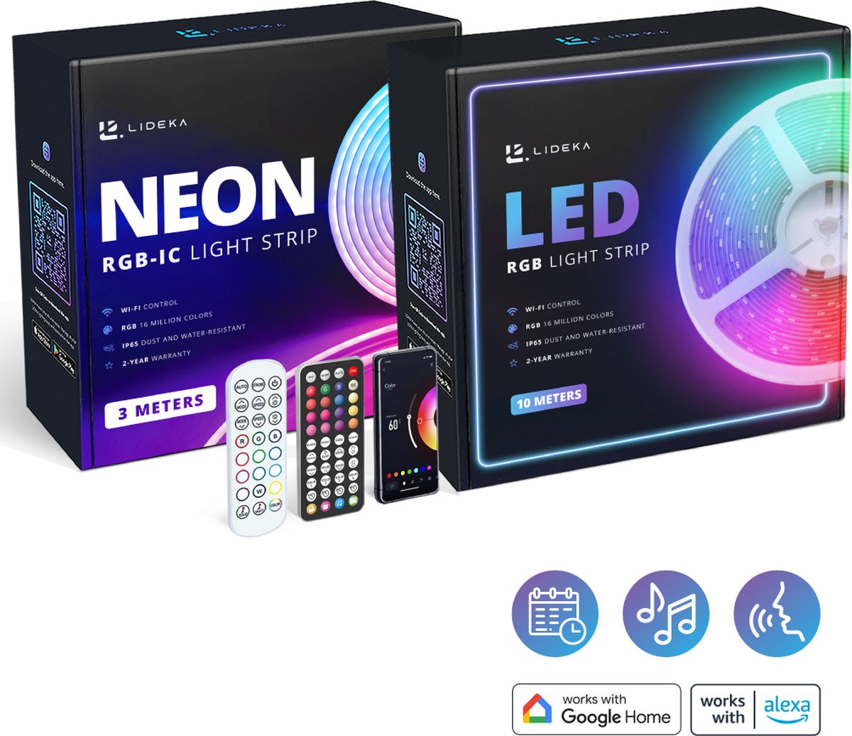 Lideka® - NEON RGBIC 3 Meter + RGB LED Strip 10 Meter - IP68 Voor Buiten - Zelfklevend met afstandsbediening En App - Smart LED Strip - Compatible met Google Home, Amazon Alexa En Siri