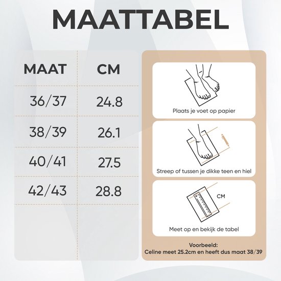 Maattabel voor pantoffels met maten 36/37 t/m 42/43 en bijbehorende lengtes in cm, met instructies voor het opmeten van de voet.