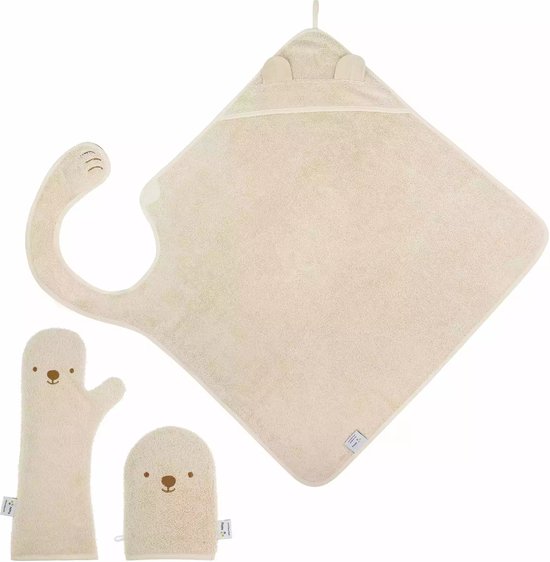 The Original Baby Shower Glove met Handsfree Badcape en Washandje - Nifty - Baby Washandje - Lange washand - Badcape 100x100 - Washandje Baby - Biologisch Katoen – Zand