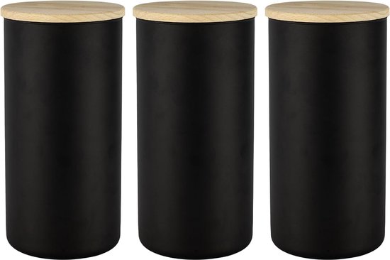 3 zwarte glazen voorraadpotten met houten deksel, luchtdicht, 1385 ml, glazen containers, voorraadpotten, thee, ontbijtgranen, voorraadpot, koffiebonen, containers, kruidenpotjes, voorraadpot, matzwart