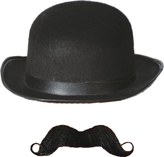 Carnaval verkleed set Henry - Aristoctaat/Gentleman - Bolhoed met plaksnor - Heren kostuum accessoires