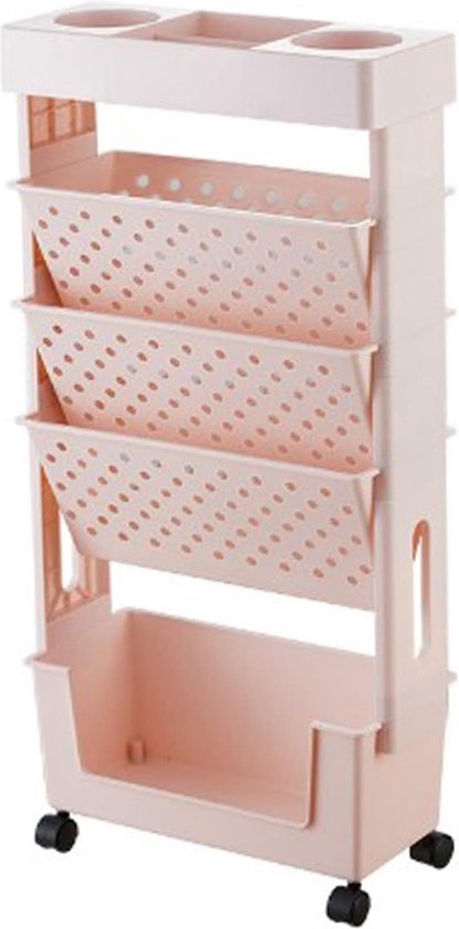 boekenkast, meerdere lagen, draaibaar, afneembaar, praktische organizer op wieltjes van kunststof met grote capaciteit, beweegbaar boekenkast, roze