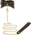 Zwarte taboom kraag met gouden studs en ketting, met handvat.