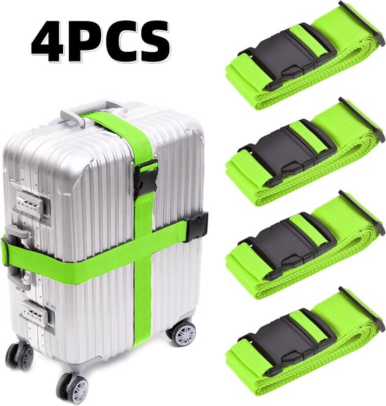 4 stuks Groen premium bagageriem, kofferriem, verstelbare antislip bagageband, lange bagageriem, veilig reizen voor koffer