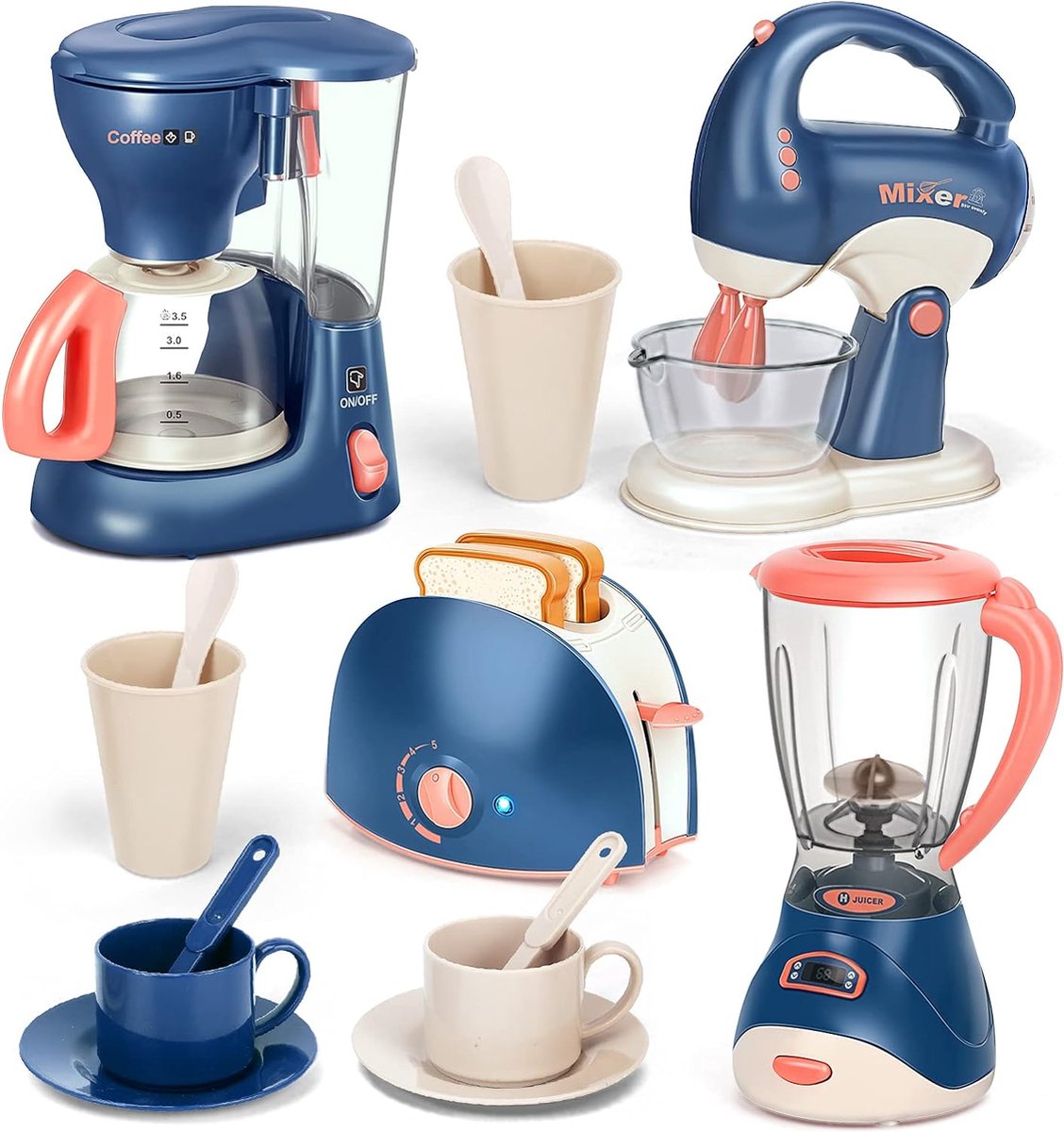 Speelset voor kinderkeuken 10-delige keukenapparaat speelgoedset keuken rollenspel set met koffiezetapparaat mixer roerapparaat broodrooster en servies keukenontbijtset voor kinderen 3+