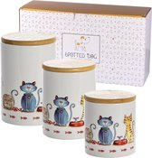 eramische potten met deksel - voorraadpotten set van 3 - luchtdicht, koffiepot, theepot, suikerpot voor keuken, keramische voorraadpotten met kattenmotief, cadeau voor kattenliefhebbers