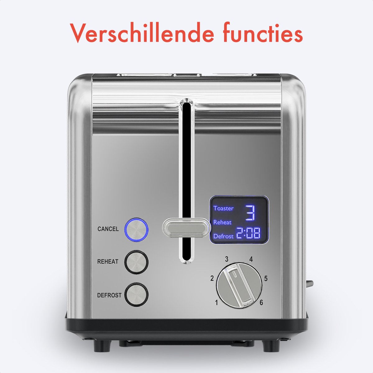 KitchenBrothers Broodrooster - Toaster - 6 Warmteniveaus - 2 Extra Brede Sleuven - BPA-vrij - 815W - RVS/Zilver thumbnail 8