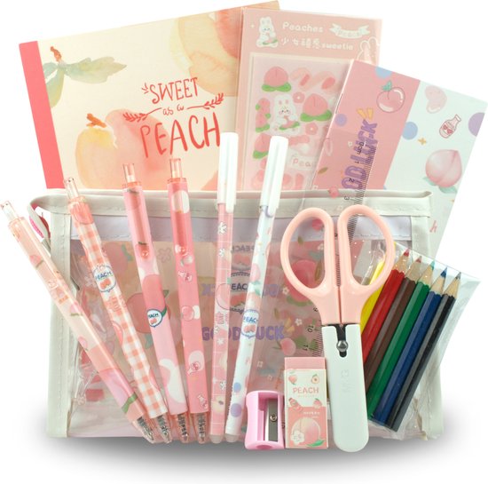 Ainy - Peach 20-delig Schrijfset - etui gevuld met uitwisbare pen, duurzaam potloden, gum, liniaal, puntenslijper, schaar, stickers, schrift, pennen en meer - pennenzak set geschikt voor meisjes en jongens - kawaii middelbare schoolspullen, etui