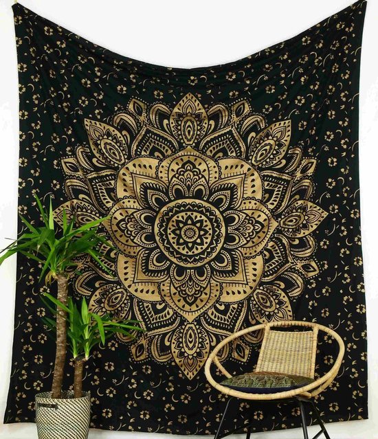Wandkleed - zwart/goud -wanddoek - wanddecoratie - muurkleed - mandala - lotus