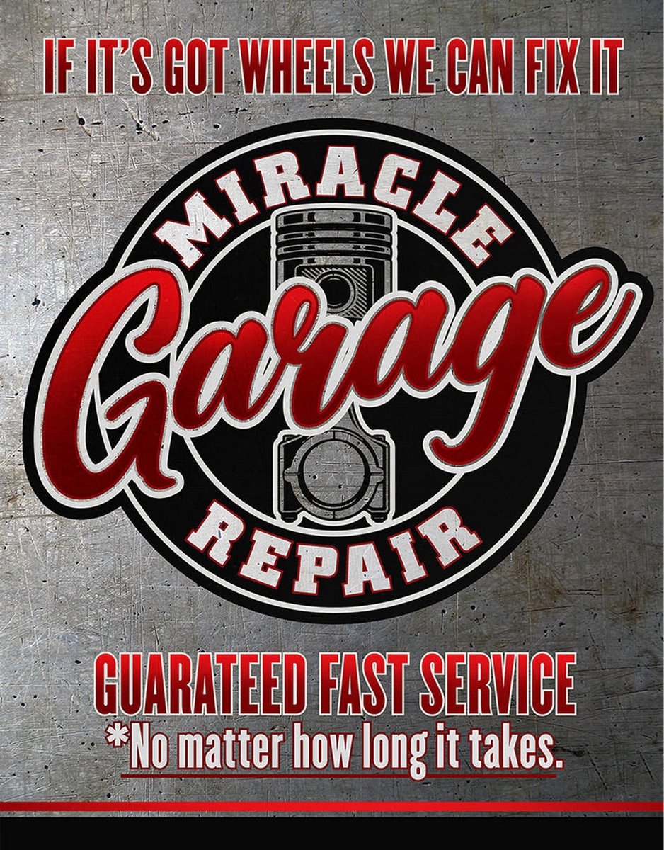 Desperate enterprisis Miracle Garage . Metalen wandbord 40,5 x 31,5 cm. meerkleurig