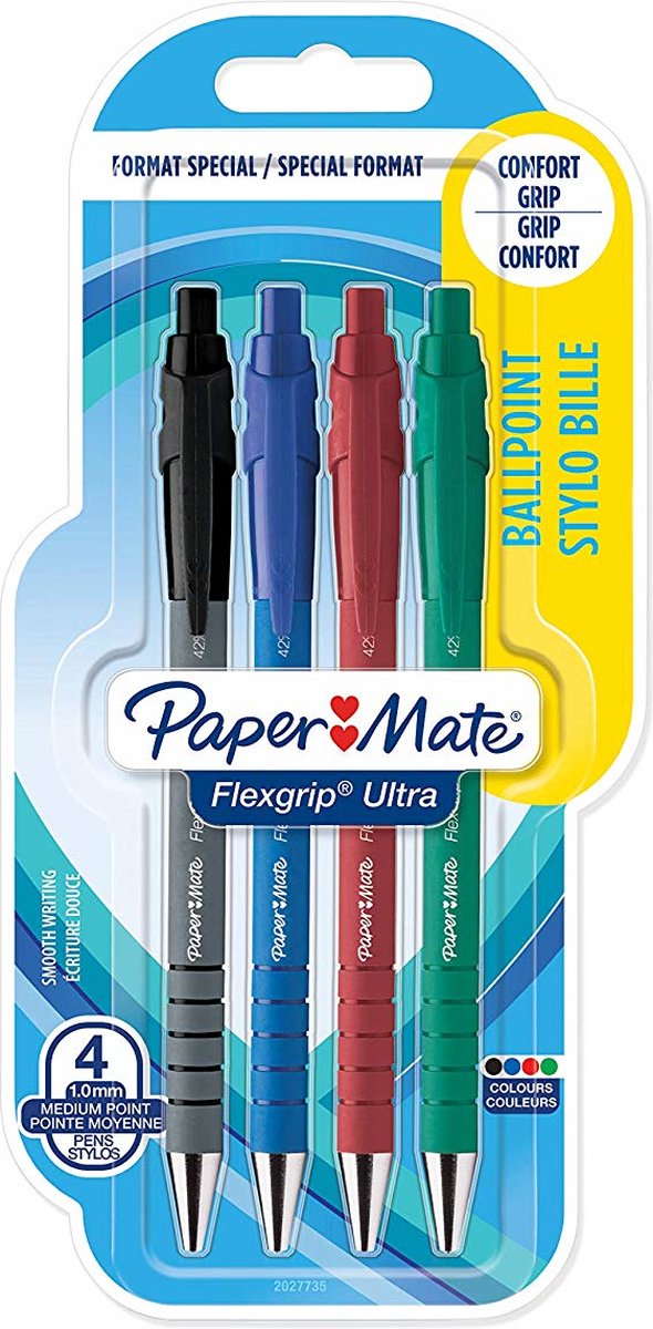 Paper Mate stylo bille Flexgrip Ultra RT moyenne, blister de 5 pièces, bleu