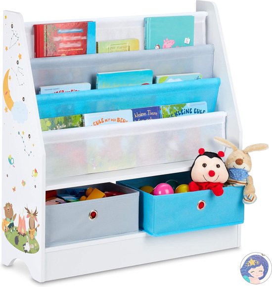 Kinderrek met diermotief, 2 dozen, 3 vakken, speelgoedopslag, kinderboekenkast, 74 x 71 x 23 cm (h x b x d), kleurrijk