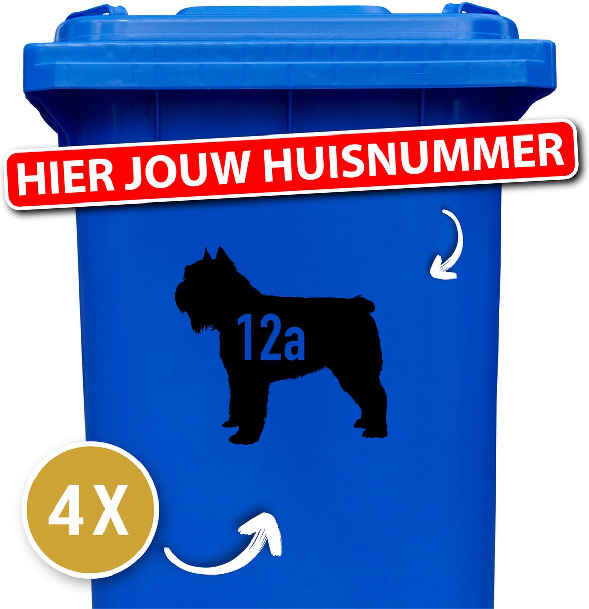 Container sticker - klikostickers - kliko sticker voordeelset - 4 stuks - Bouvier - container sticker huisnummer - zwart - vuilnisbak stickers - container sticker hond