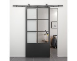Stalen schuifdeur - Loft - 6 vaks helder glas - kickplate - 235 x 100 cm