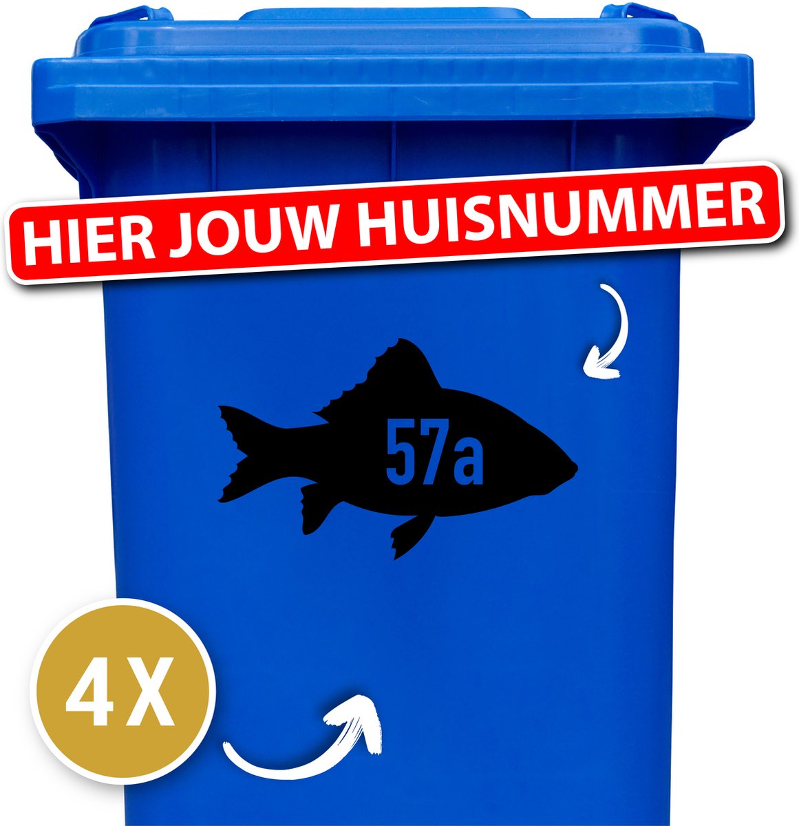 Container Sticker Vis met Huisnummer 4 stuks - 25 x 15,5 cm - Kleur: Zwart - Klikostickers - Stickers volwassenen - Cijfer stickers - Container stickers - sticker - stickers - 12345678910 - Cadeau - Geschenk
